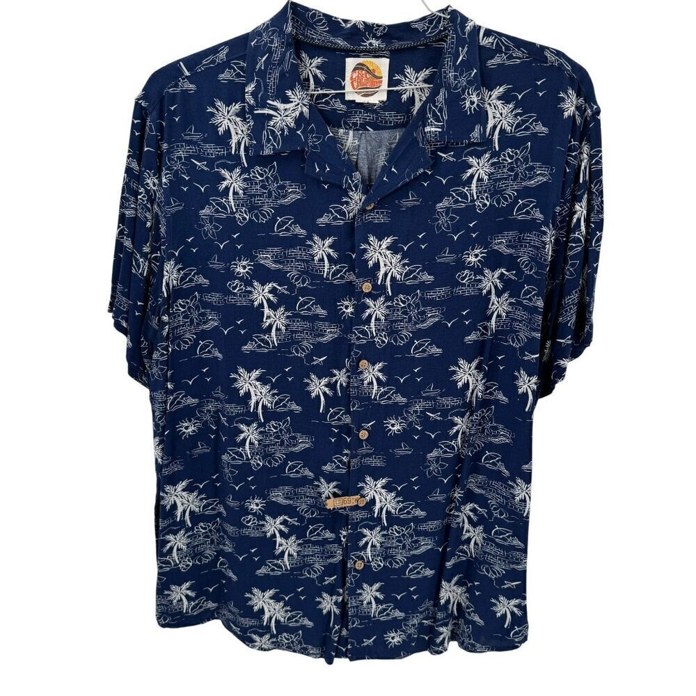 C&C California Navy & White Rayon Mens Hawaiian Button Down Shirt Size XL